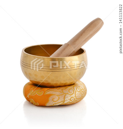 Tibetan singing bowl with wooden striker and cushion 141113822