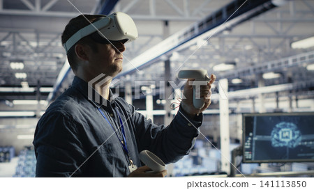 IT specialist uses virtual reality in a data center to adjust AI configurations and improve processing speed. IT specialist uses virtual reality in a data center to adjust AI configurations and improve processing speed. 141113850