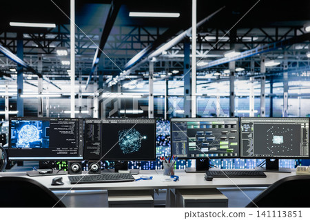 AI development PCs in server room with mainframes infrastructure hosting cloud services. AI development PCs in server room with mainframes infrastructure hosting cloud services. 141113851
