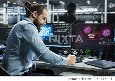 Frustrated server room programmer smashing desk, upset by faulty equipment while working with AI. 141113891