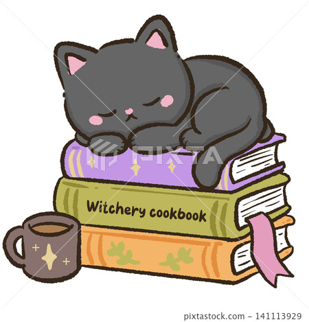 Cute Sleeping Black Cat Witchery Cookbook Book Stack Clipart Halloween Book Lover Cozy Coffee Kawaii Autumn Reading Digital Illustration 141113929