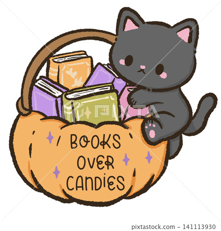 Cute Black Cat Sitting Inside A Pumpkin Basket Filled With Spooky Books Books Over Candies Clipart Halloween Book Lover Cozy Reading Illustration 141113930
