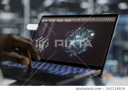 Server room technician working with laptop, running AI prediction simulations, tracking performance. Server room technician working with laptop, running AI prediction simulations, tracking performance. 141114014