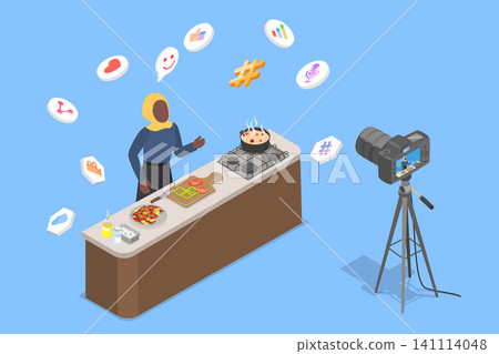 3D Isometric Flat Vector Illustration of Muslim Vlogger, Woman Filming Cooking Show In Home Kitchen With Camera 141114048