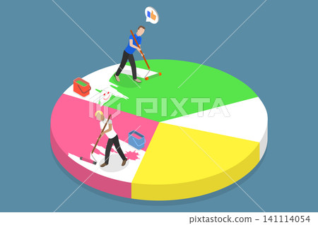 3D Isometric Flat Vector Illustration of Budgeting, Businessman Strategically Competes For Market Share To Increase Profits With Pie Charts. 3D Isometric Flat Vector Illustration of Budgeting, Businessman Strategically Competes For Market Share To Increase Profits With Pie Charts. 141114054