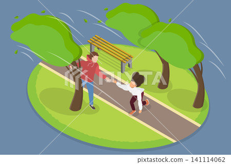 3D Isometric Flat Vector Illustration of Strong Wind, Battling Strong Wind To Rescue Lives In City Park 3D Isometric Flat Vector Illustration of Strong Wind, Battling Strong Wind To Rescue Lives In City Park 141114062