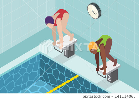 3D Isometric Flat Vector Illustration of Swimmers, Ready At Starting Blocks 3D Isometric Flat Vector Illustration of Swimmers, Ready At Starting Blocks 141114063