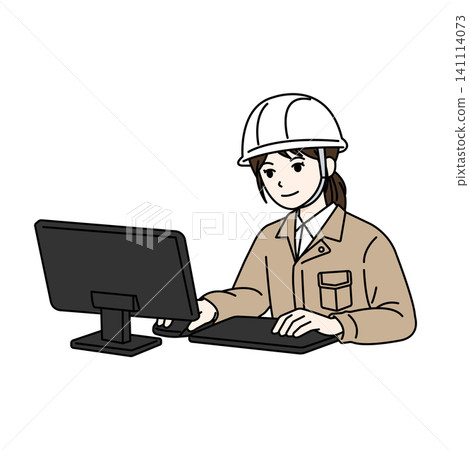 Female worker, helmet, beige work clothes, computer, mouse operation, data entry. Female worker, helmet, beige work clothes, computer, mouse operation, data entry. 141114073