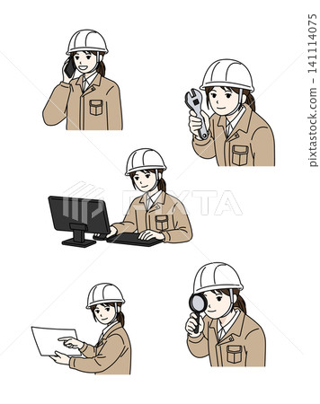 Female Worker Helmet, Beige Work Uniform, 5-Piece Set (2) Female Worker Helmet, Beige Work Uniform, 5-Piece Set (2) 141114075