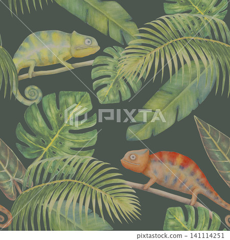 Seamless Watercolor Chameleon Pattern with Tropical Palm Leaves Seamless Watercolor Chameleon Pattern with Tropical Palm Leaves 141114251