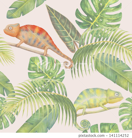 Seamless Watercolor Chameleon Pattern with Tropical Botanical Leaves Seamless Watercolor Chameleon Pattern with Tropical Botanical Leaves 141114252