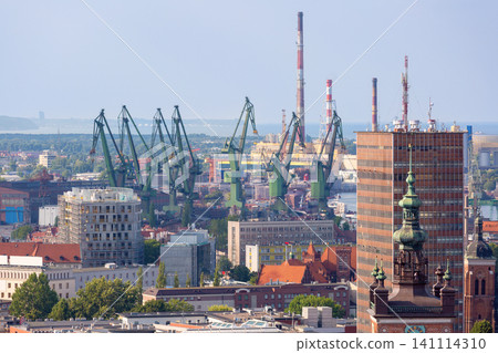 Panoramic View of Gdansk Shipyard and Harbor Cranes in Gdansk Poland Panoramic View of Gdansk Shipyard and Harbor Cranes in Gdansk Poland 141114310