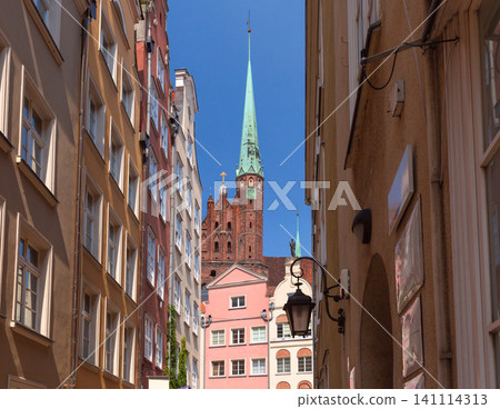 Colorful Historic Facades and St Mary Church Tower in Gdansk Poland Colorful Historic Facades and St Mary Church Tower in Gdansk Poland 141114313
