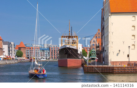 Historic Ship and Marina on Motlawa River Waterfront in Gdansk Poland Historic Ship and Marina on Motlawa River Waterfront in Gdansk Poland 141114316