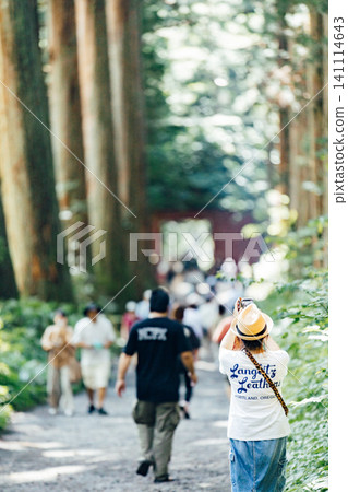 [長野市戶隱] 戶隱神社內殿：瑞神門與杉樹大道的景色，以及遊客。 141114643