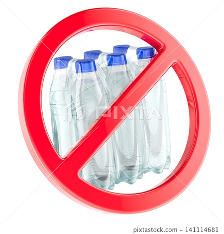 Plastic bottle packaging ban with red prohibition sign. 3D rendering Plastic bottle packaging ban with red prohibition sign. 3D rendering 141114681