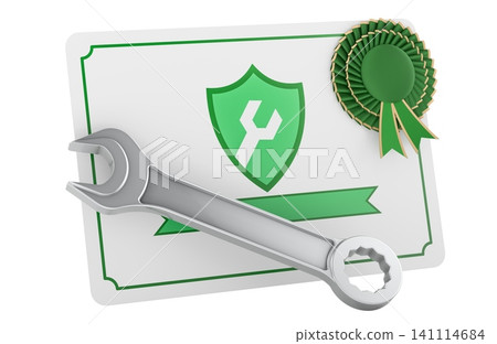 Service certificate with wrench for repair warranty. 3D rendering 141114684