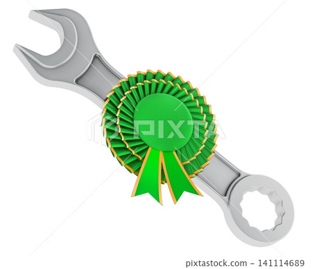 Wrench with green award ribbon for certified repair service. 3D rendering Wrench with green award ribbon for certified repair service. 3D rendering 141114689