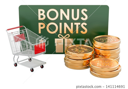 Bonus points loyalty card with shopping cart and gold reward coins. 3D rendering 141114691