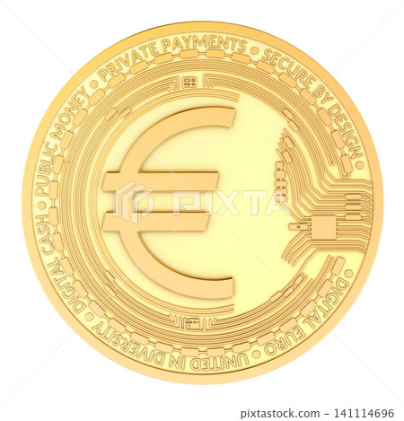 Digital euro coin with circuit design for secure payments. 3D rendering Digital euro coin with circuit design for secure payments. 3D rendering 141114696