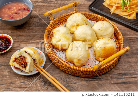 pan-Fried Beef Buns with Dipping Sauce, Chinese Sheng Jian Bao Street Snack pan-Fried Beef Buns with Dipping Sauce, Chinese Sheng Jian Bao Street Snack 141116211