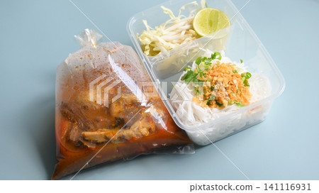 rice vermicelli with northern thai curry sauce in plastic bag rice vermicelli with northern thai curry sauce in plastic bag 141116931