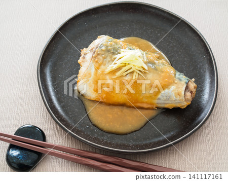 Mackerel simmered in miso, served on a plate Mackerel simmered in miso, served on a plate 141117161