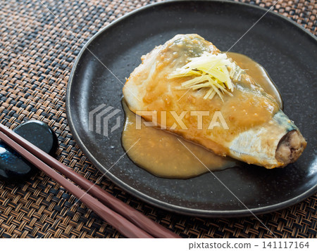Mackerel simmered in miso, served on a plate Mackerel simmered in miso, served on a plate 141117164