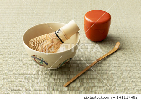 Tea ceremony utensils placed on the tatami mat Tea ceremony utensils placed on the tatami mat 141117482