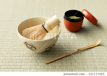 Tea ceremony utensils placed on the tatami mat Tea ceremony utensils placed on the tatami mat 141117483
