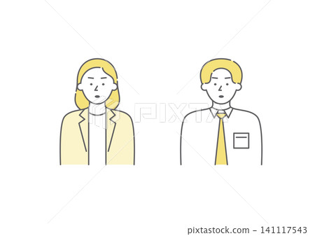 A set of illustrations (yellow) of a male and female business person with an angry expression. 141117543