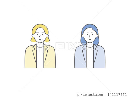 一組插圖(藍色和黃色),描繪了兩位表情憤怒的女商人。 一組插圖(藍色和黃色),描繪了兩位表情憤怒的女商人。 141117551