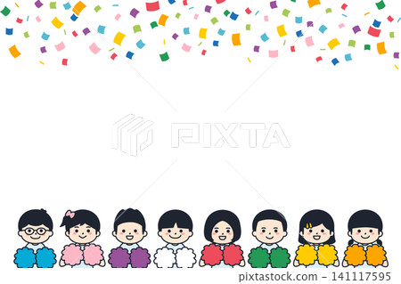 八個精力充沛的孩子揮舞著絨球和彩帶歡呼雀躍——彩色向量插圖 八個精力充沛的孩子揮舞著絨球和彩帶歡呼雀躍——彩色向量插圖 141117595