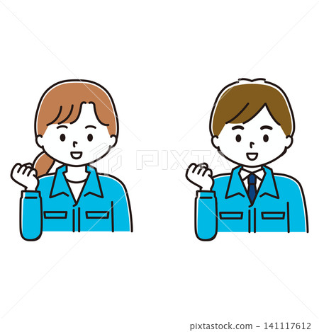 A set of illustrations of a man and a woman in work clothes making a victory pose. A set of illustrations of a man and a woman in work clothes making a victory pose. 141117612