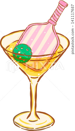 Pickleball Cocktail Drink Ball and Paddle in Glass Hand Drawn, Pickleball Club Decorative Pickleball Cocktail Drink Ball and Paddle in Glass Hand Drawn, Pickleball Club Decorative 141117687
