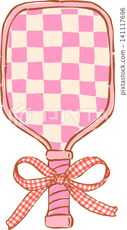 Coquette Pink Checkered Pickleball Paddle with Red Gingham Bow Hand Drawn Illustration Coquette Pink Checkered Pickleball Paddle with Red Gingham Bow Hand Drawn Illustration 141117696