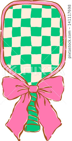 Coquette Green Checkered Pickleball Paddle with Pink Bow Hand Drawn Illustration Coquette Green Checkered Pickleball Paddle with Pink Bow Hand Drawn Illustration 141117698