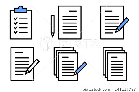 Document, report, and pen icon set, blue. Image of office work and data verification. Vector. Document, report, and pen icon set, blue. Image of office work and data verification. Vector. 141117788