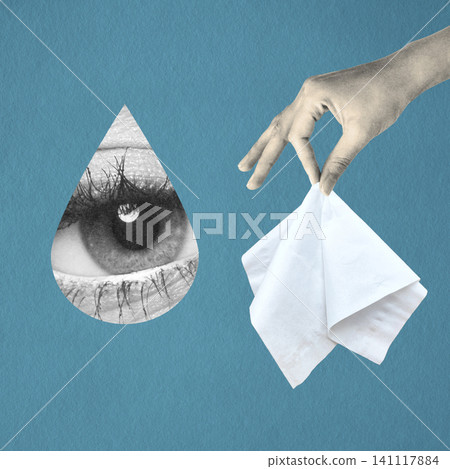 Crying eye inside teardrop with hand holding tissue Crying eye inside teardrop with hand holding tissue 141117884