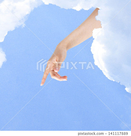 Hand reaching down from clouds in blue sky Hand reaching down from clouds in blue sky 141117889