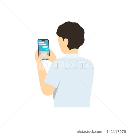 Flat illustration: A middle school boy (in summer clothes) using a smartphone. Flat illustration: A middle school boy (in summer clothes) using a smartphone. 141117976