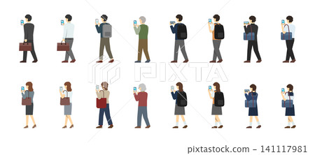Flat illustration: Set of people using smartphones while walking Flat illustration: Set of people using smartphones while walking 141117981