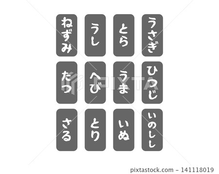 A set of illustrations featuring the twelve zodiac signs in hiragana (black). A set of illustrations featuring the twelve zodiac signs in hiragana (black). 141118019