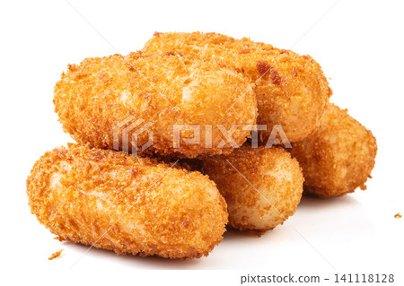 macro shot of crispy fried glutinous rice cakes , isolated on white background macro shot of crispy fried glutinous rice cakes , isolated on white background 141118128