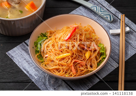 chinese Stir-Fried Rice Vermicelli Noodles with Sliced Ham and Vegetables chinese Stir-Fried Rice Vermicelli Noodles with Sliced Ham and Vegetables 141118138