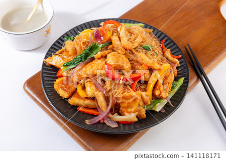 xinjiang Style Stir-Fried Rice Noodles with Chicken and Flatbread Cubes xinjiang Style Stir-Fried Rice Noodles with Chicken and Flatbread Cubes 141118171