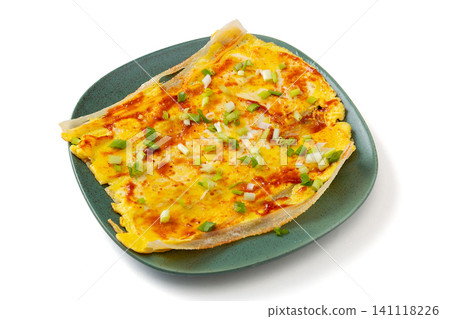 northeast Chinese street food grilled cold noodles with egg and scallions, isolated on white northeast Chinese street food grilled cold noodles with egg and scallions, isolated on white 141118226