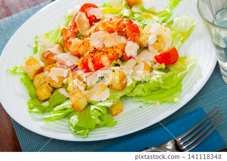 Caesar salad with shrimps, lettuce, sauce and cheese, nobody Caesar salad with shrimps, lettuce, sauce and cheese, nobody 141118348