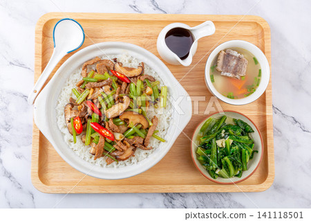 Cantonese Claypot Rice with Shredded Pork and Celery, Asian Cuisine Cantonese Claypot Rice with Shredded Pork and Celery, Asian Cuisine 141118501
