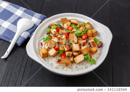 Chinese Claypot Rice with Dried Tofu and Peppers, Vegetarian Friendly Chinese Claypot Rice with Dried Tofu and Peppers, Vegetarian Friendly 141118504
